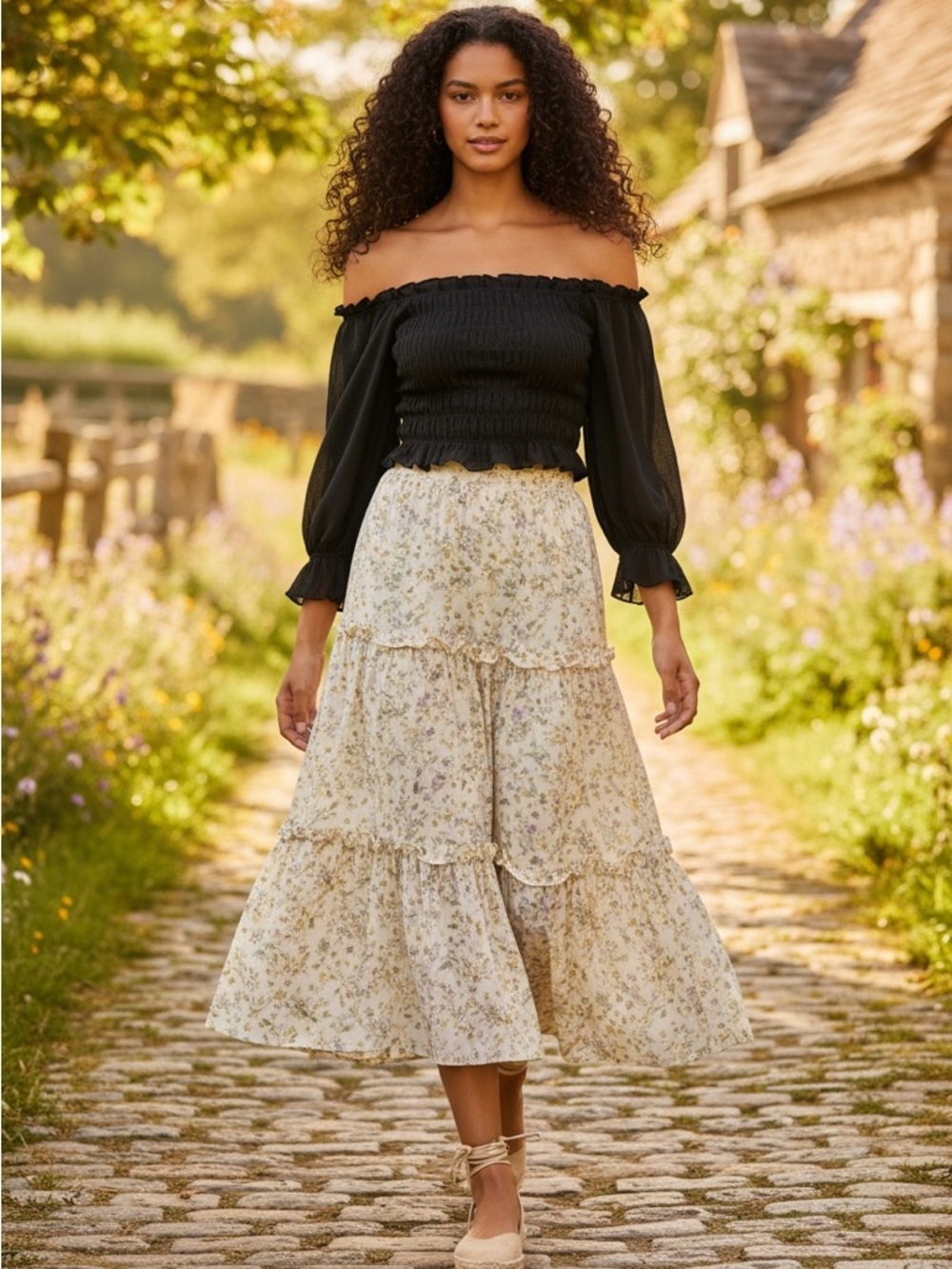 Urban Outfitters Black Textured Off-Shoulder Cottagecore Bohemian Style